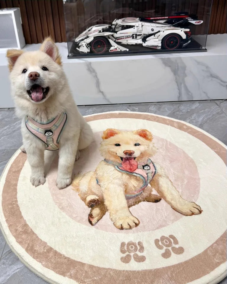 a customer's dog with their own portrait rug