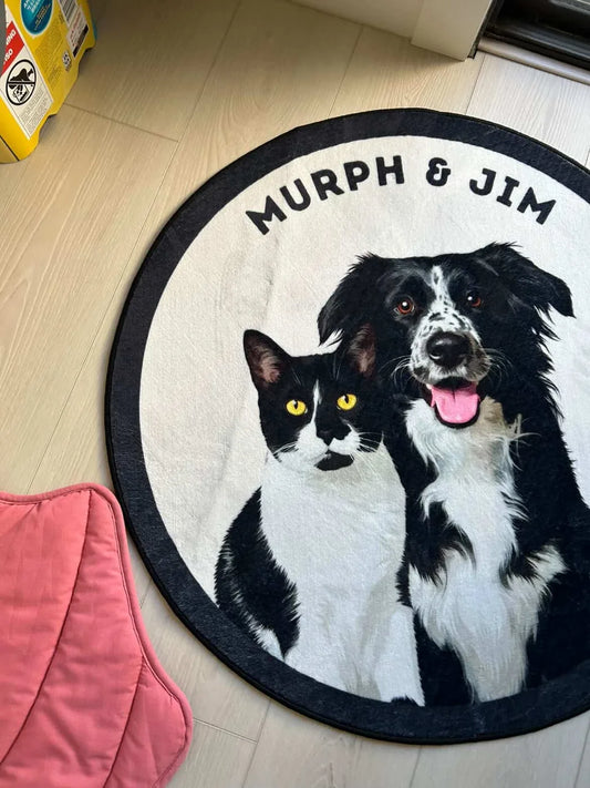 Round custom rug with a border collie mix and a tuxedo cat portrait, Murph and Jim