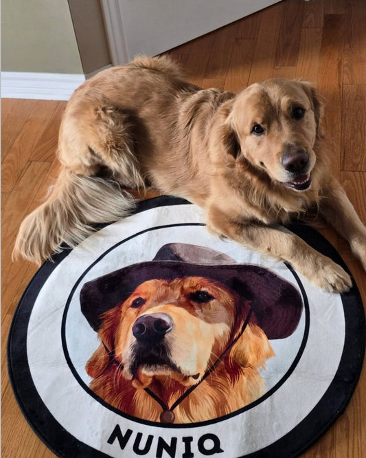Golden retriever Nuniq lying on his round Classic Frame portrait rug