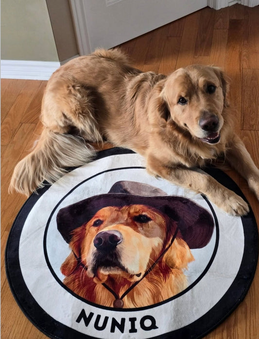 Golden retriever resting quietly beside his round portrait rug
