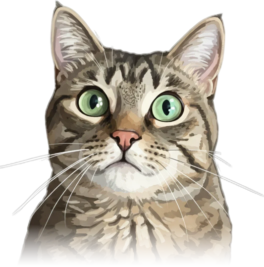 Illustrated portrait sample of a tabby cat in the Fluffsome rug style